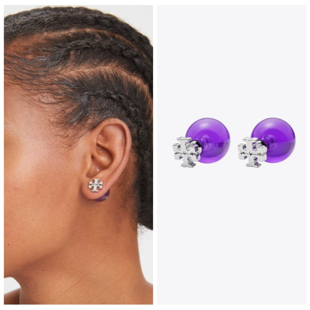 Tory Burch Silver Purple Resin Ball Stud Earrings